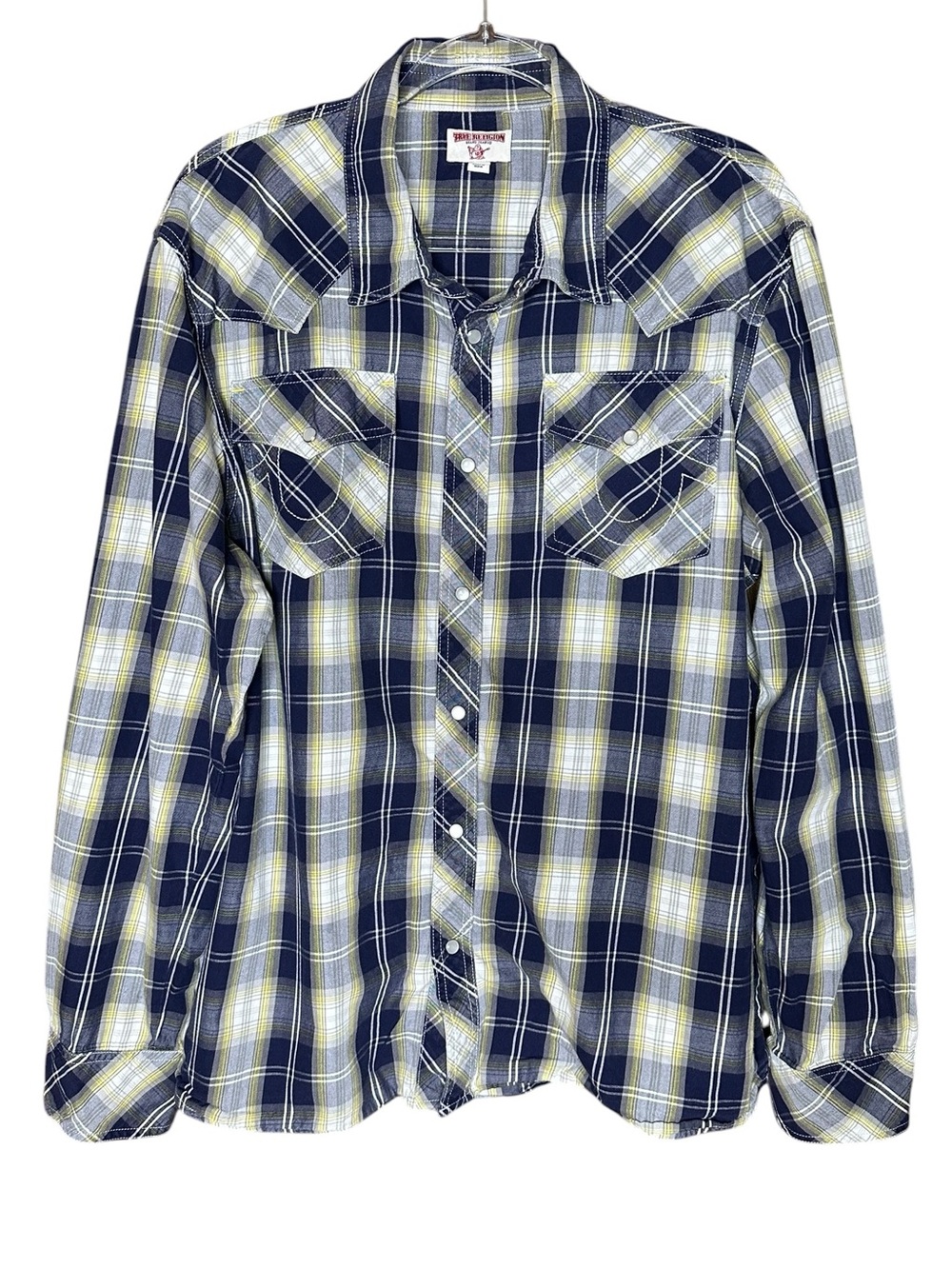 True Religion Men’s Western Plaid Pearl Snap Button Down Shirt. Size 2XL